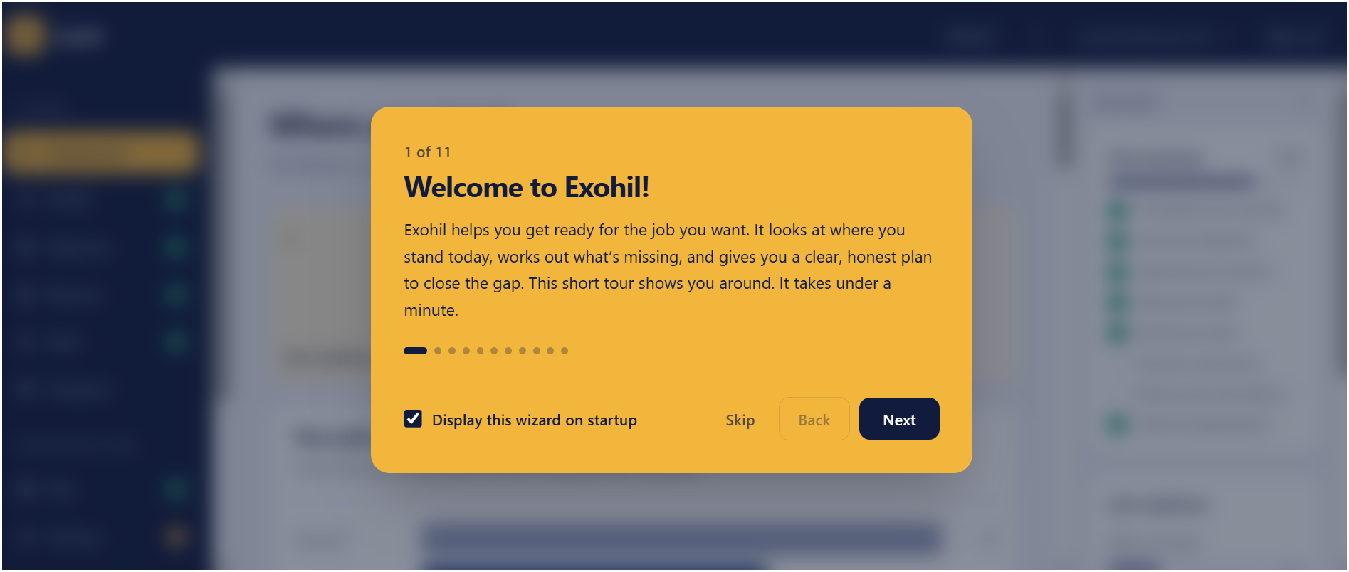 The Exohil welcome tour, introducing the app to a new user